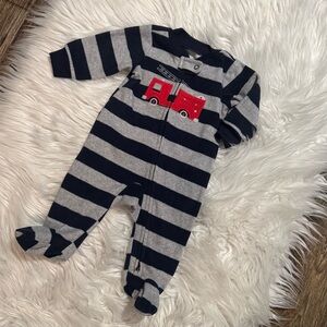 Carter’s Baby Boy Fire Truck Striped Fleece Footed Sleeper Size 3 Months